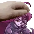 a pixel art of a girl wearing a purple sweater and a purple hat .