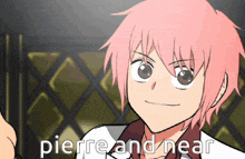 a cartoon character with pink hair and the words pierre and near below him