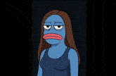 a cartoon of a woman with a blue face holding a tablet in front of a blue planet .