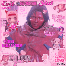 a picture of an evil adorable slut is surrounded by pink icons