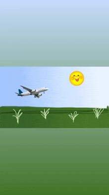 an airplane is flying over a grassy field with a smiling sun behind it