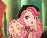 a girl with pink hair and wings is wearing a beret