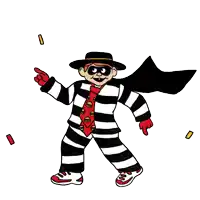 a cartoon of a man dressed as a prisoner pointing at something