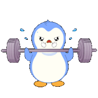 a penguin is holding a purple barbell in its paws