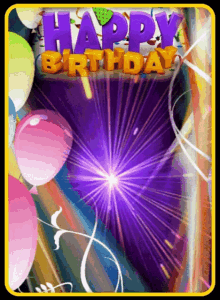 a happy birthday card with balloons and a purple fireworks display