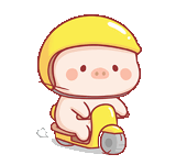 a pig wearing a helmet is riding a yellow scooter .