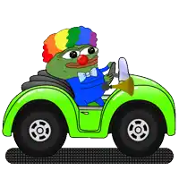a clown is driving a green car with a trumpet