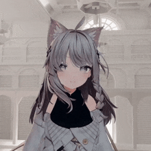 a girl with gray hair and cat ears is standing in a room