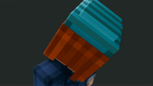 a minecraft character with red hair and a blue beanie on