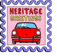 a stamp with a red car and the words heritage greetings