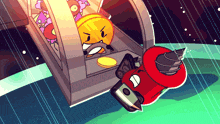 a cartoon drawing of a red car and a yellow ball