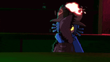 a cartoon drawing of a cat with yellow eyes holding a torch