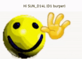 a yellow smiley face with a hand on it is waving .