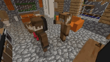 two minecraft characters standing next to each other in a living room
