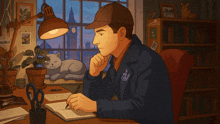 a man sits at a desk in front of a bookshelf that says ' sherlock holmes '