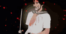 a man in a sailor uniform is holding a violin with blood on his shirt .