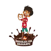 a cartoon boy is standing in a splash of chocolate with the words chocolate for daaaays on the bottom