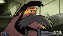 a cartoon of a man with glasses and a beard holding a sword with batfam written on the bottom right