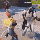 a video game character named sir.sapien is dancing with another character
