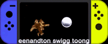 two monkeys are playing a video game with the words eenandton swigg toong below them