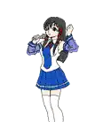 a cartoon of a girl in a blue skirt holding a microphone and headphones .