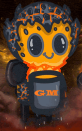 a cartoon character holding a cup with the letter gm on it