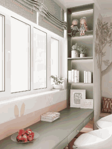 a bowl of apples sits on a table next to a bookshelf