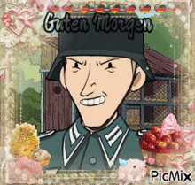 a picture of a german soldier with the words guten morgen on it