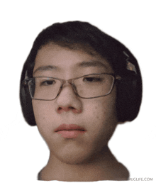 a young man wearing glasses and headphones has muglife.com at the bottom of his face