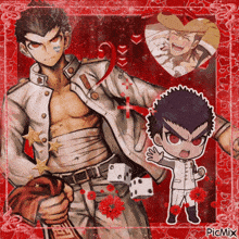 a picture of a man holding a sword next to a picture of another man with a heart in the background ..