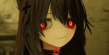 a close up of a girl with red eyes and a pumpkin choker