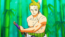 a cartoon of a man holding a sword in front of a green background
