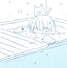 a drawing of a person in a bathtub with a cat
