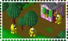a cartoon drawing of a house with trees and a yellow character in front of it