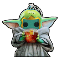 a baby yoda wearing a helmet and holding a lipton tea bag
