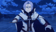 a purple haired anime character holding a sword