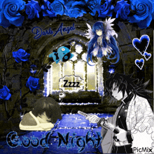a picture of a dark angel with blue roses and a boy sleeping