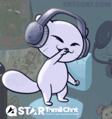 a cartoon of a cat wearing headphones with a star tamil chat logo in the corner