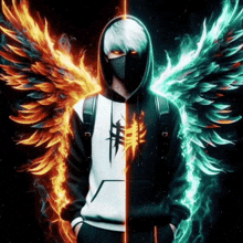 a man in a hoodie has a mask on his face and has fire and water wings on his back