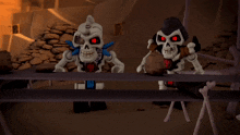 two skeletons are standing next to each other and one has a sword in his hand