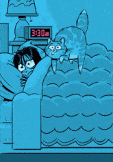 a cartoon of a cat laying on top of a bed next to a woman and an alarm clock that says 3:30 am