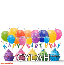 a birthday card with cupcakes and balloons with the name clylah