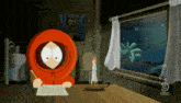 a cartoon character is writing on a piece of paper in front of a window that says comedy trains