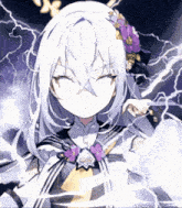 a girl with purple flowers in her hair is surrounded by lightning .