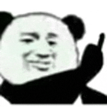 a panda bear is talking on a cell phone and making a funny face .