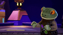 a frog in a video game with a purple pyramid in the background