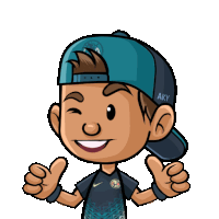 a boy wearing a blue hat with aky written on it gives a thumbs up