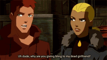 a cartoon of a man and a woman talking to each other