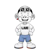 a cartoon character wearing a white shirt that says live