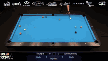 a pool table with the us open bank pool championship on the screen